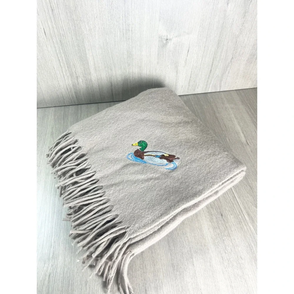 Faribo Pure Wool Throw Blanket Tan Embroidered Mallard Duck Fringe Made in USA